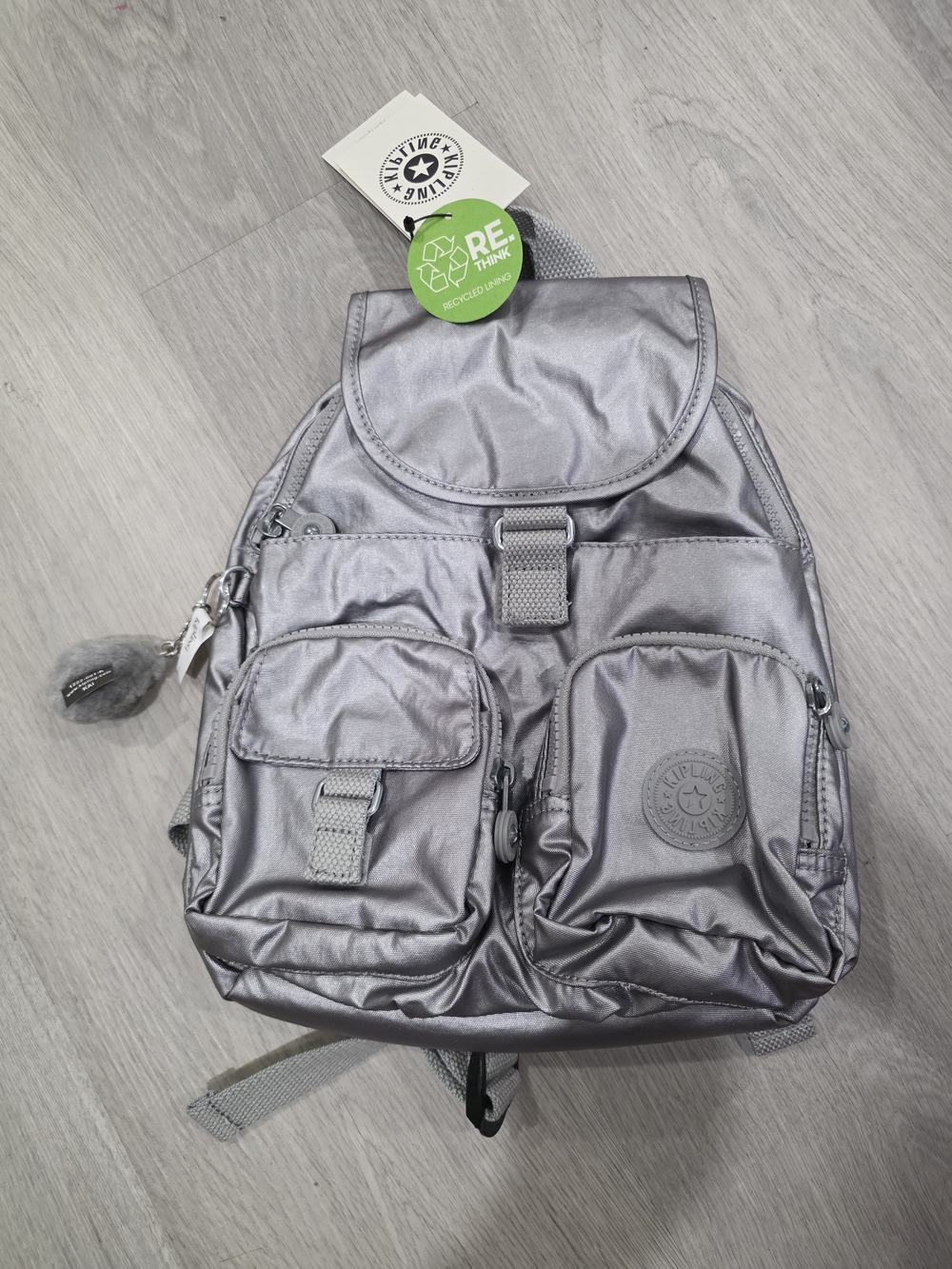Kipling Metallic Silver Men's Backpack with Multiple Pockets